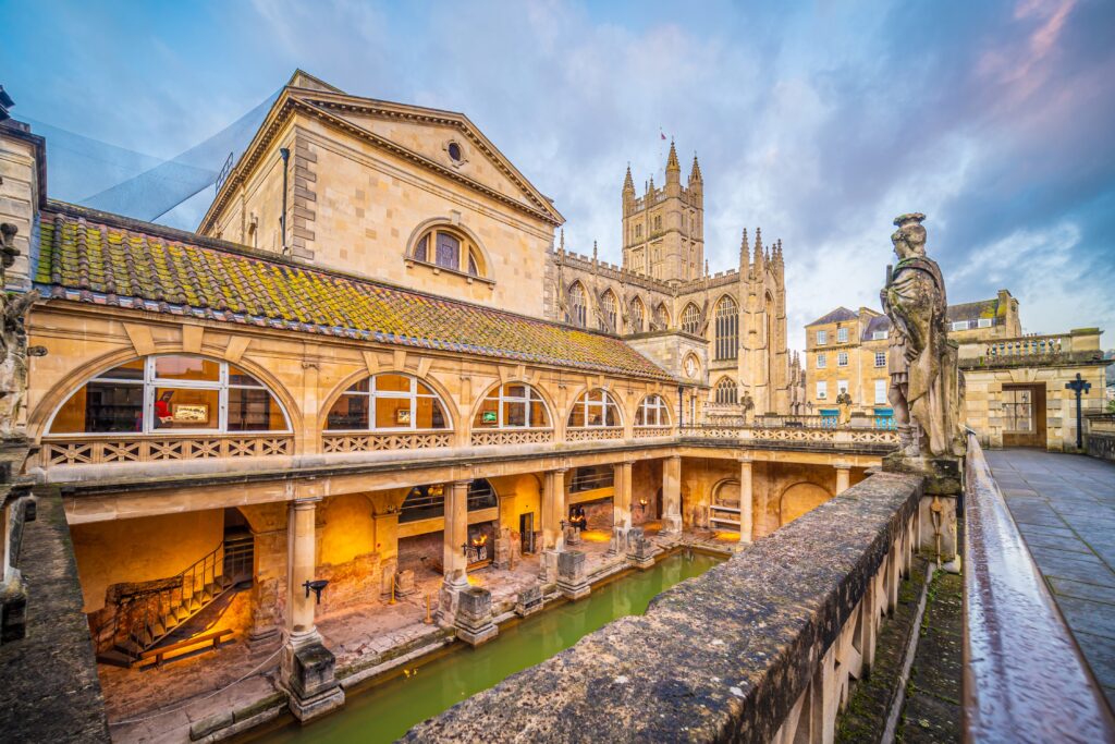 Historical,Roman,Bathes,In,Bath,City,,England,At,Twilight